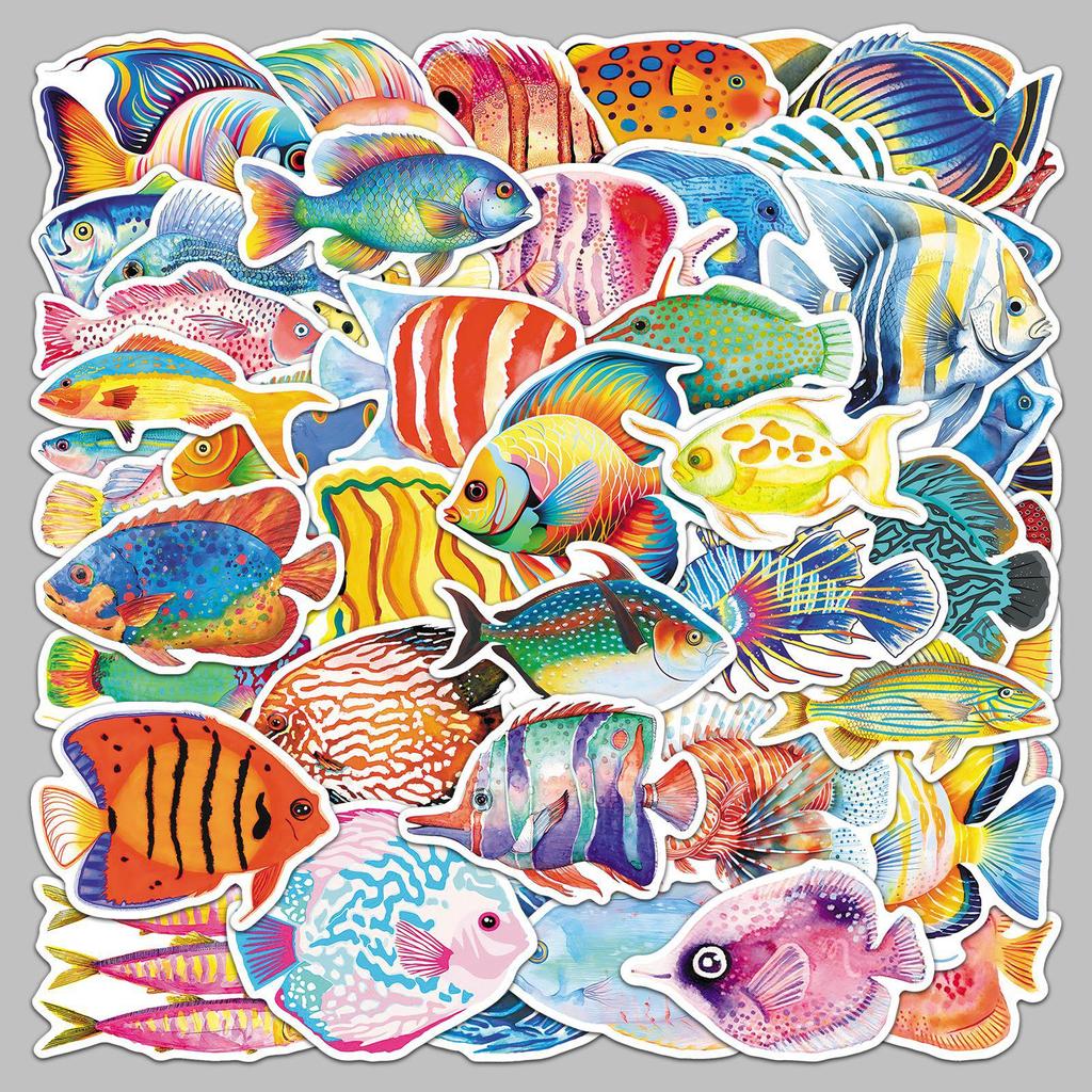 50 Cartoon Fish Stickers: Waterproof Marine Life for Decorating Refrigerators, Water Cups, and Journals.