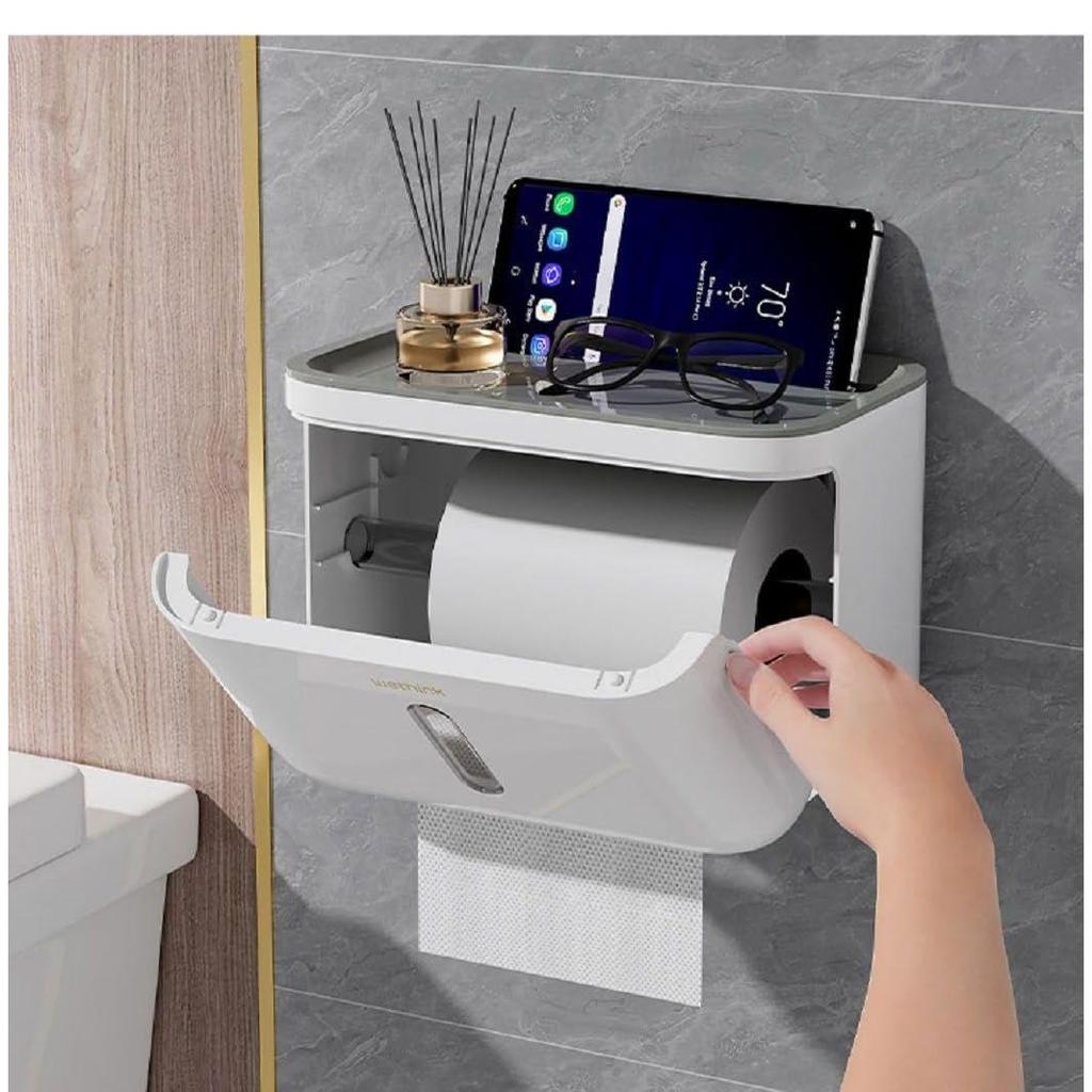 Bathroom with Mobile Stand, Wall Mounted Tissue Paper Holder, Toilet Paper Roll Holder for Bathroom, Bathroom Accessories (White)
