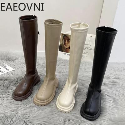 Fashion 2024 Autumn Winter Women Long Boots PU Leather Ladies Zipper Knight Flats Heel Boots Fashion Non Slip High Heel Knee-high Boots
