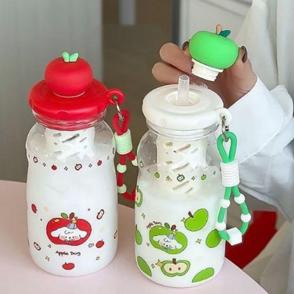 600ML Plastic Water Bottle Cute Cartoon Leakproof Children's Straw Cup Transparent Portable Drinking Bottle School Use