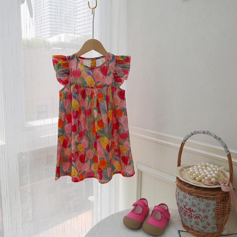 Tulip Sweet Round Neck Girls' Summer Dress with Small Flutter Sleeves, Cotton Princess Style - Stylish Children's Clothing for 2026.
