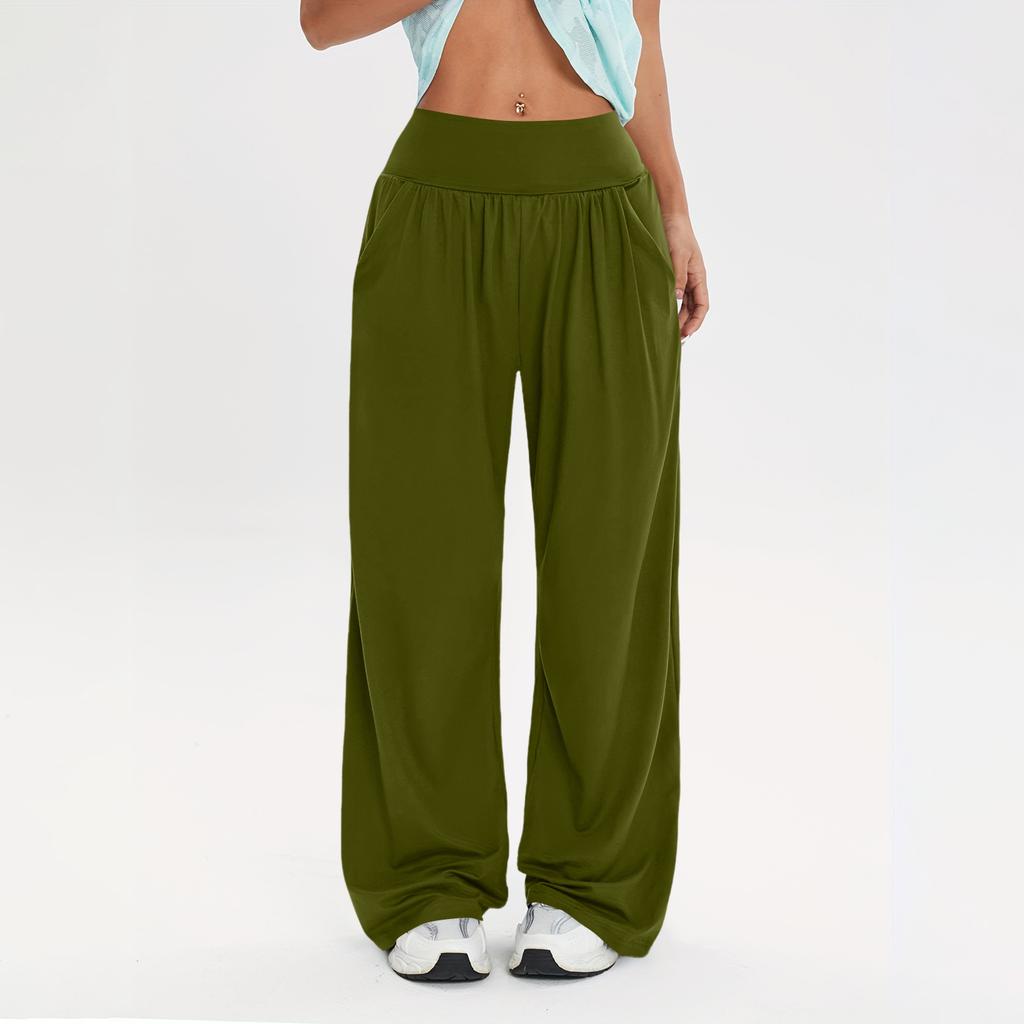 Women's Fashionable Solid Color Straight Leg Pants With High Waist Button Pockets And Elastic Waist Casual Pants