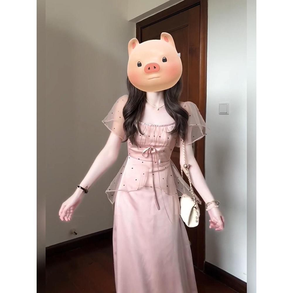 Sweet Splicing Mesh Polka Dot Dress Women's Summer Temperament Gentle Wind Waist Thin a Word Long Skirt