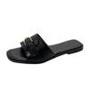 Cool slippers women's summer wear fashion sense metal buckle half slippers soft leather square head flat bottom beach one-word slippers