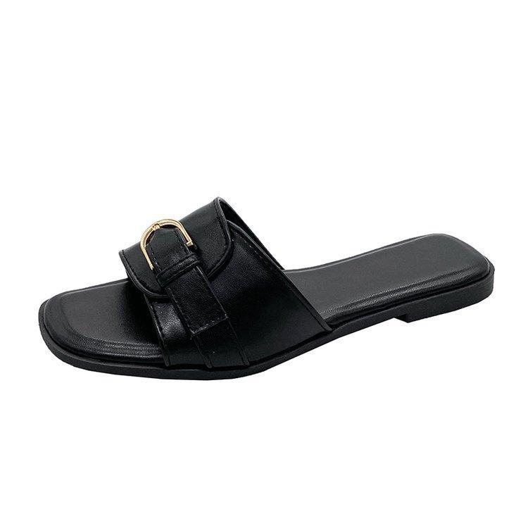 Cool slippers women's summer wear fashion sense metal buckle half slippers soft leather square head flat bottom beach one-word slippers