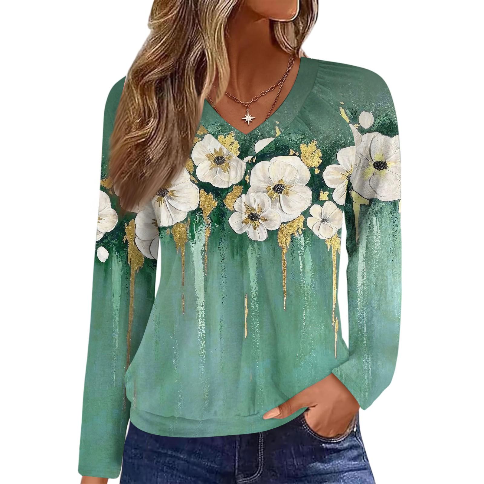 

Женский повседневный модный топ с V-образным вырезом, рукавами реглан, плиссировкой и цветочным принтом, с длинным рукавом XL зелёный