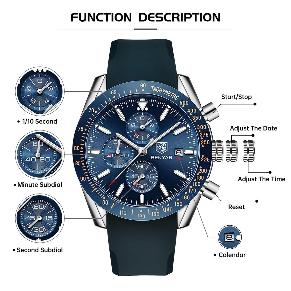 BY BENYAR Watch Watch Chronograph Analog Watch 30M Waterproof Business Simple Stylish Popular Formal Leather Belt Quartz Watch Gift for Men Blue