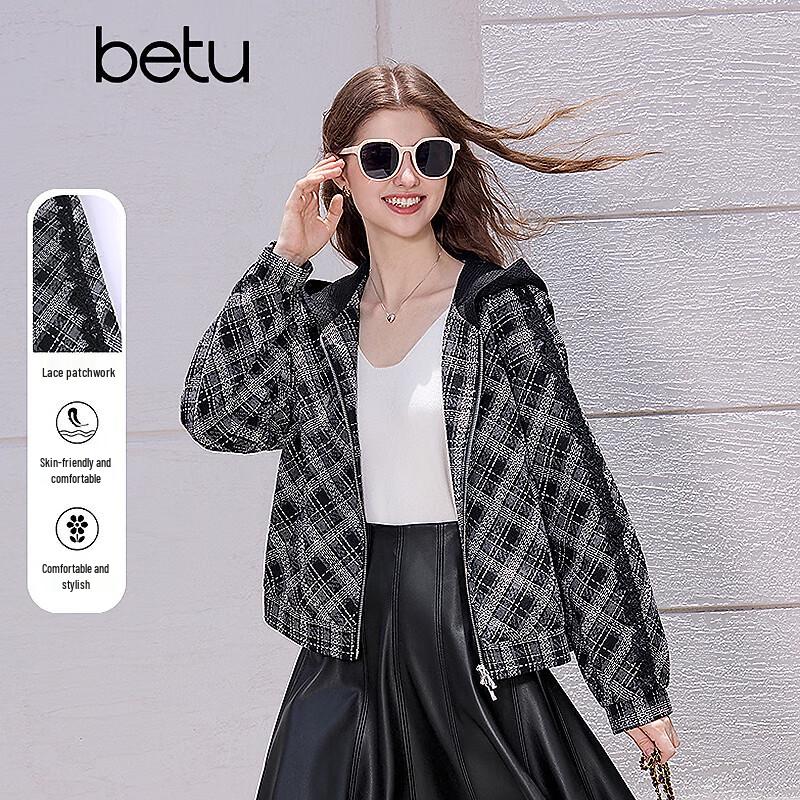 

BETU Women s 2025 Autumn Plaid Lace Patch Short Jacket L