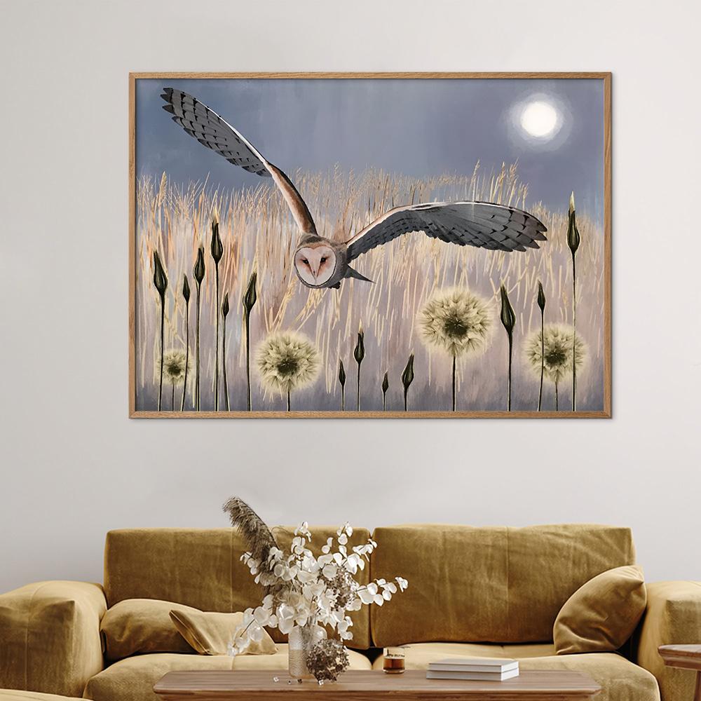 Barn Owl Canvas Painting Wall Art Print Abstract Animal Moon Night Landscape Poster Wildlife Picture for Room Home Decor Cuadros