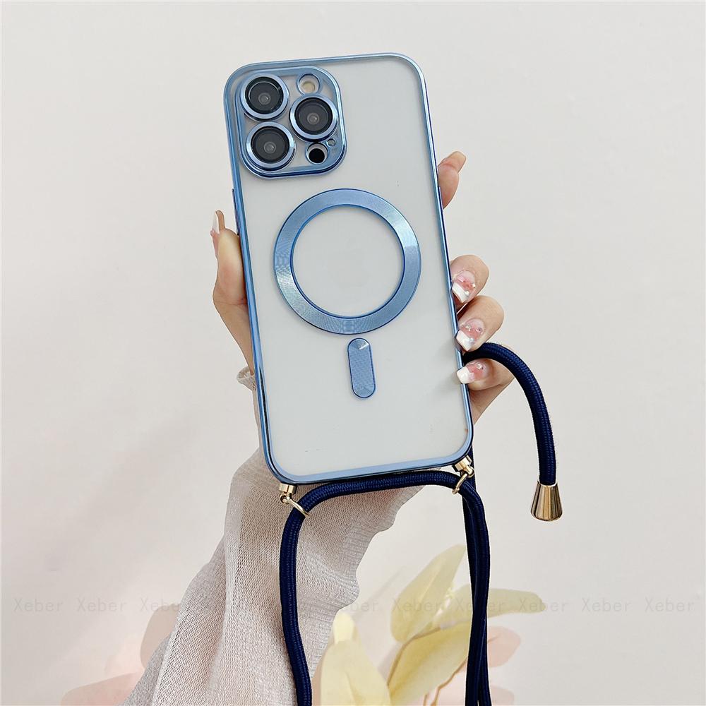 Crossbody Necklace Lanyard Magnet For Magsafe Wireless Charging Case For iPhone 17 16 15 13 12 11 14 Pro Max Plating Clear Cover