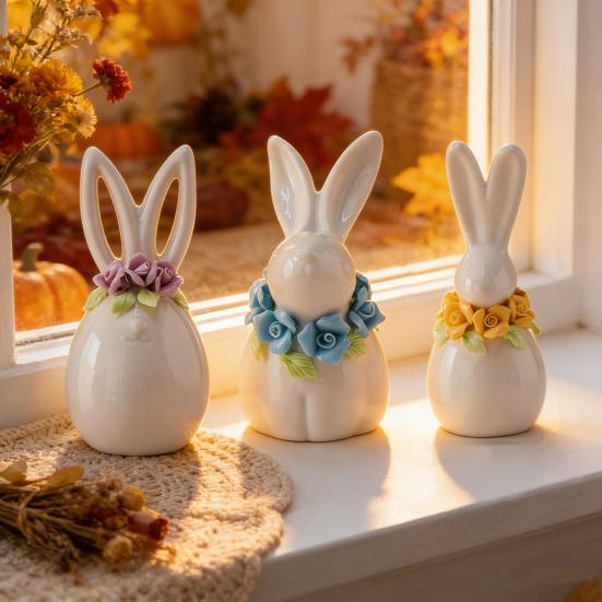 Påskkeramikkaninfigur Mini Blomma Kaninstaty Vår Påsk Hem Kontor Semesterfest Dekoration Prydnad