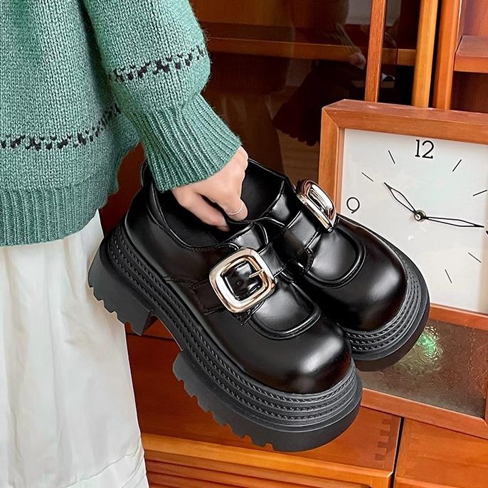 Black British style heightened platform small leather shoes women's 2025 new autumn and winter versatile French round head Mary Jane single shoes