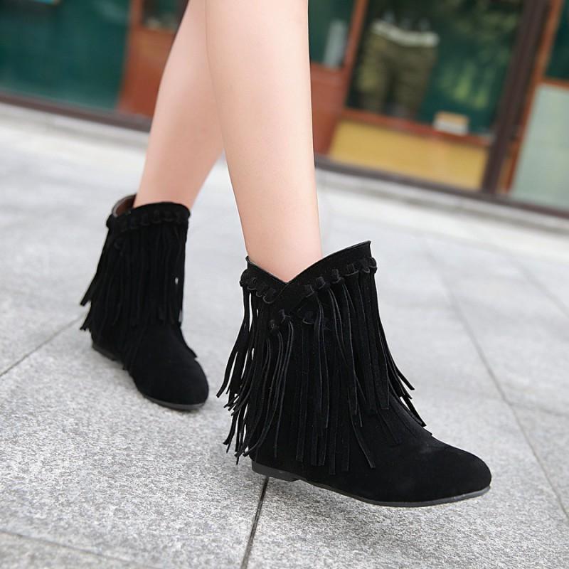 Womens Suede Ankle Boots With Fringe Flat Heel Hidden Platform Style Round Toe Slip-On Winter