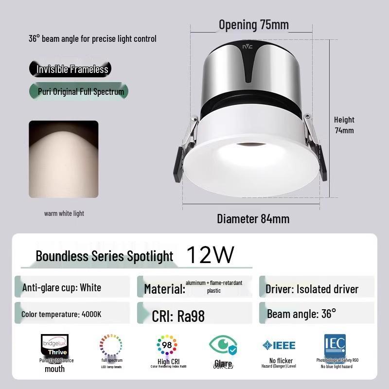 NVC Lighting Frameless LED Spotlight - Anti-Glare, Full Spectrum, Wall Washer, Recessed for Living Room