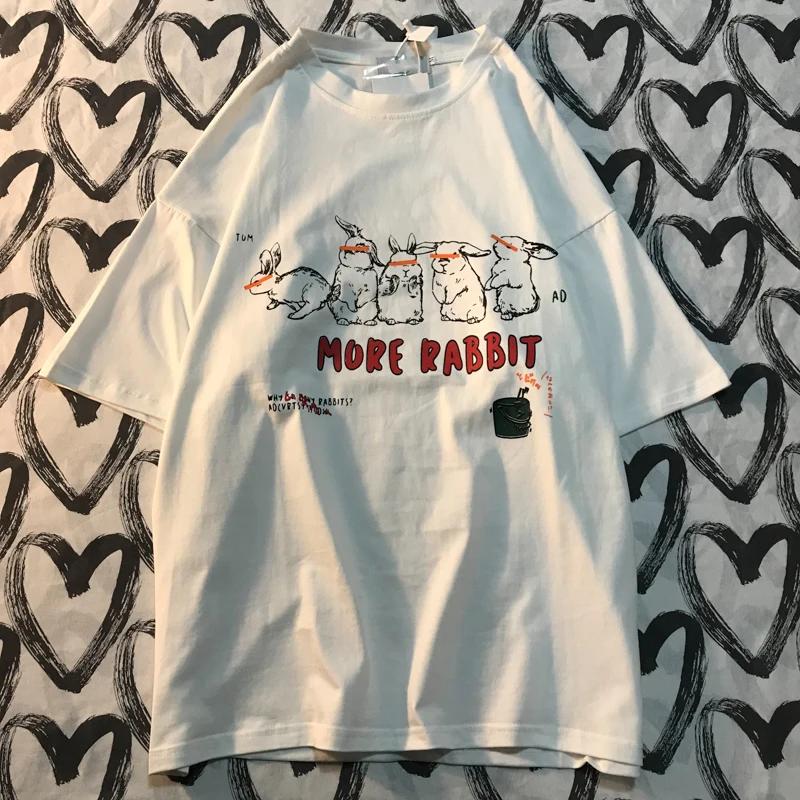 Anstellen zum Karottenessen Sommer Amerikanischer Retro Hasen-Print Männer Frauen Kurzarm T-Shirt Baumwolle Locker sitzend Partner-T-Shirt