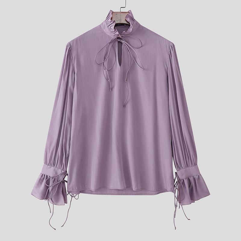 INCERUN Men Stand Neck Lace-up Long Sleeve Casual Oversized Elegant Shirts