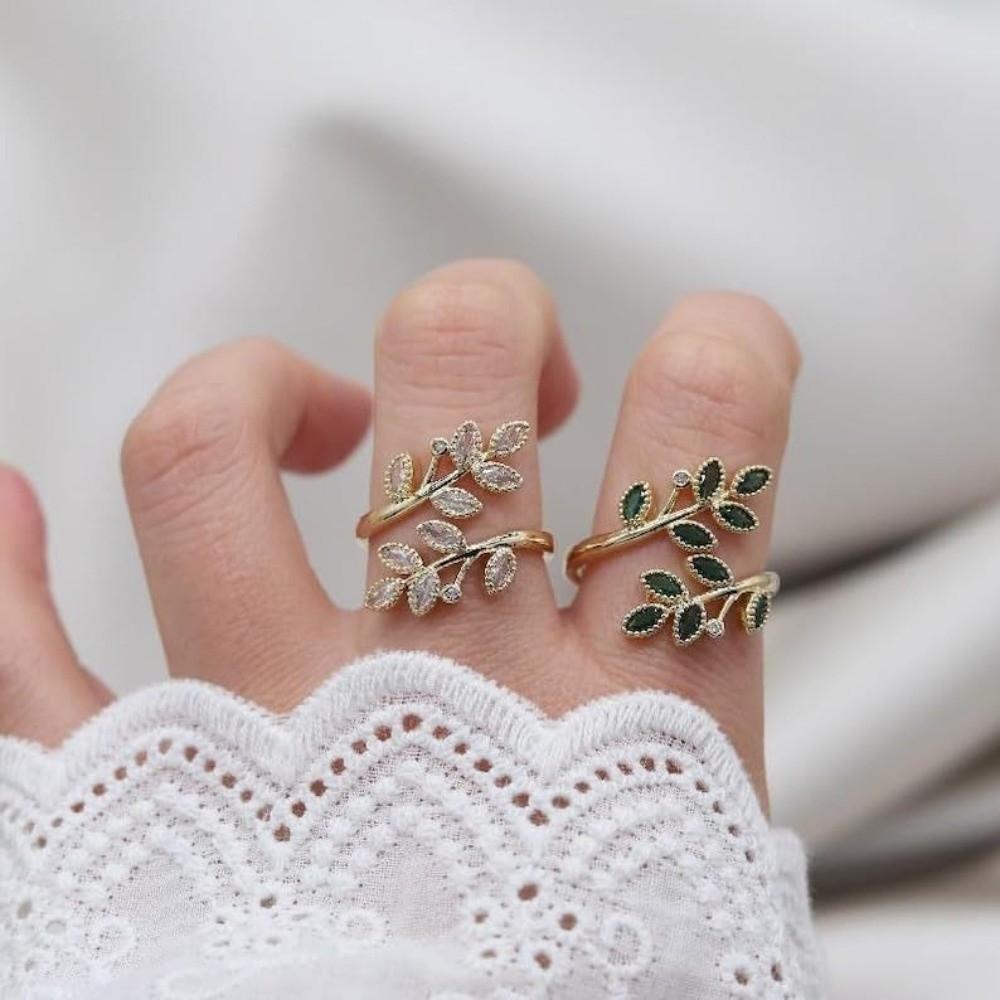 Adjustable Design Wheat Ear Leaf Rings Silver Color Leaves Ring Zircon Rings  Women's Jewelry