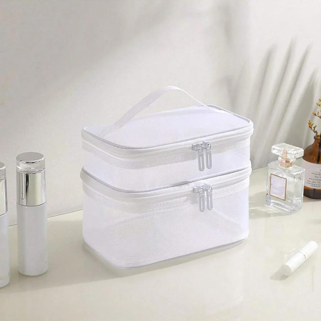 1pc-Double Layer Mesh Makeup Bag, Large Capacity Travel, Simple and Portable Toiletry Bag, Hand-held Cosmetics Storage Bag