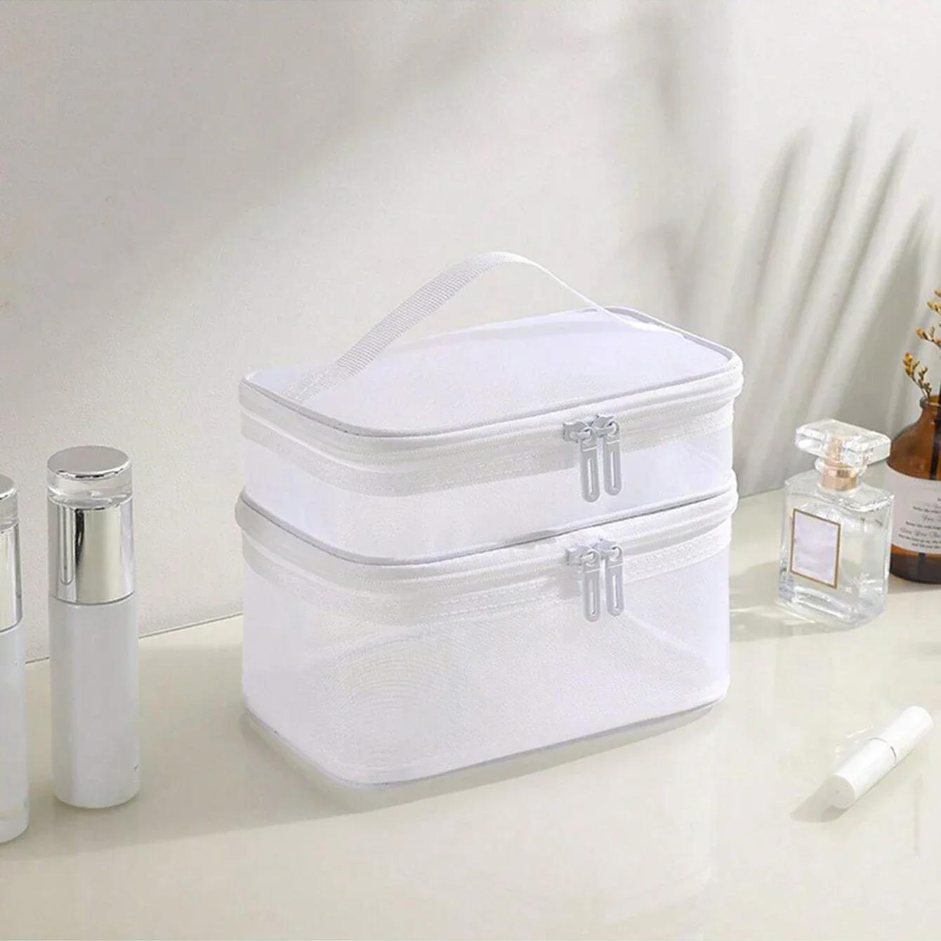 

1 шт. - Двухслойная сетчатая косметичка, большая вместимость для путешествий, простая и портативная сумка для туалетных принадлежностей, ручная сумка для хранения косметики