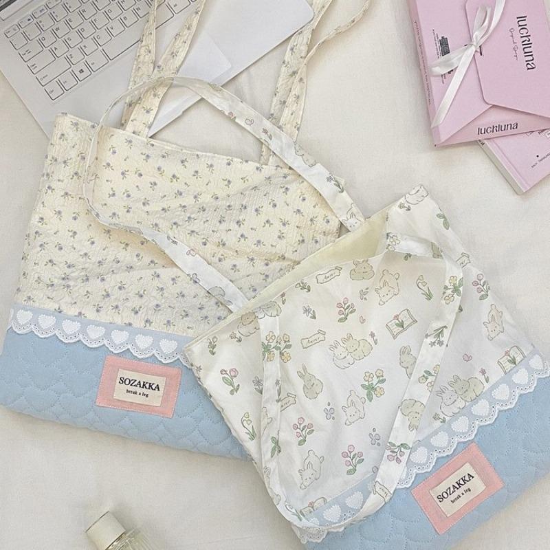 Cute Girl Print Splicing Bag New Tote Student Commuter Shoulder Bag Portable Canvas Bag