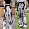 Women Casual Pants Chinese-Style Ink Bamboo Print Chiffon Pants with Streamer Decoration Wide Leg Summer Trousers