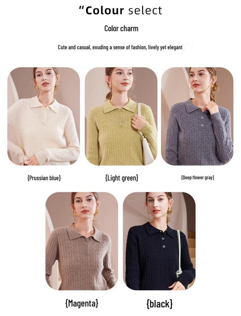 2024 Autumn/Winter Women's Casual Loose Korean Style Cable Knit Polo Collar Sweater