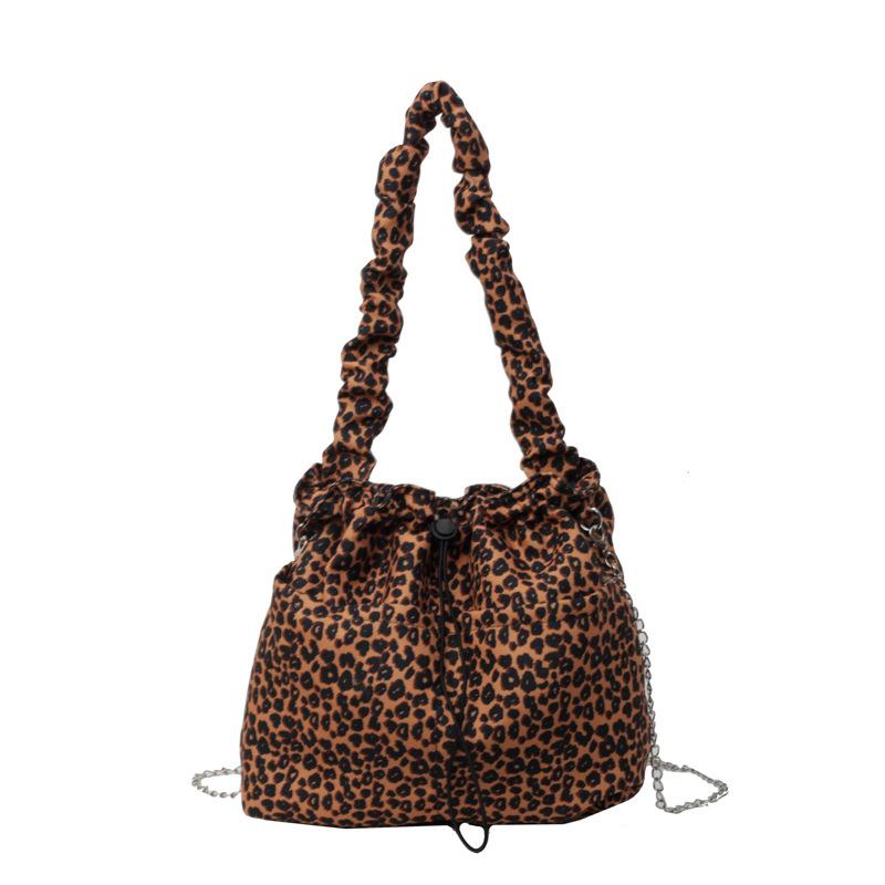 Leopard Print Tote Bag Drawstring Bucket Bag Shoulder Crossbody Bag Women's Underarm Bag