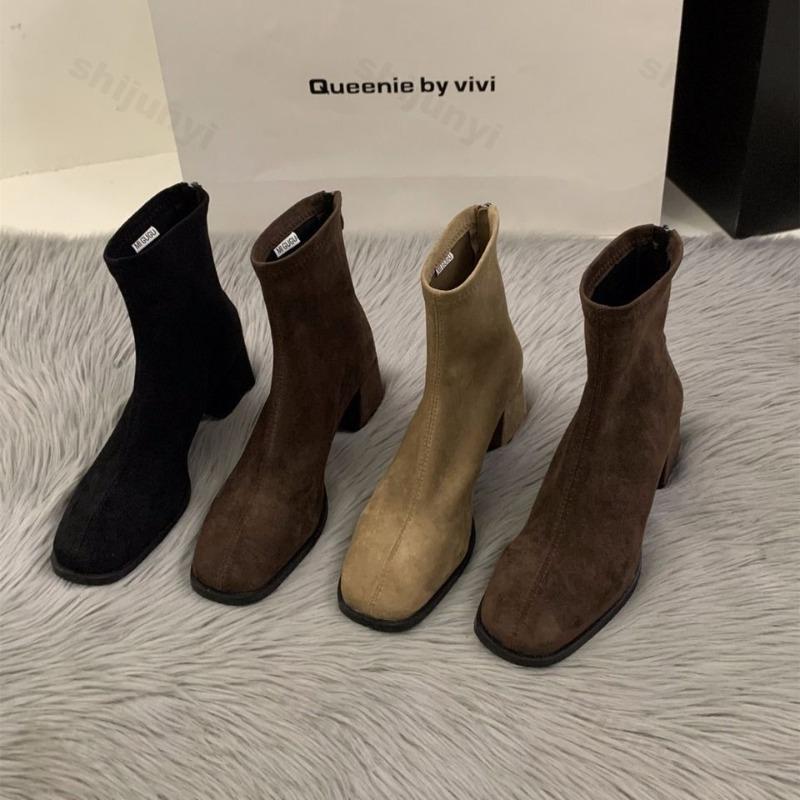 Women Ankle Boots 2026 Autumn Zipper Comfortable Short Boots Retro Fashion New Square Toe High Heel Shoes Women Botas De Mujer