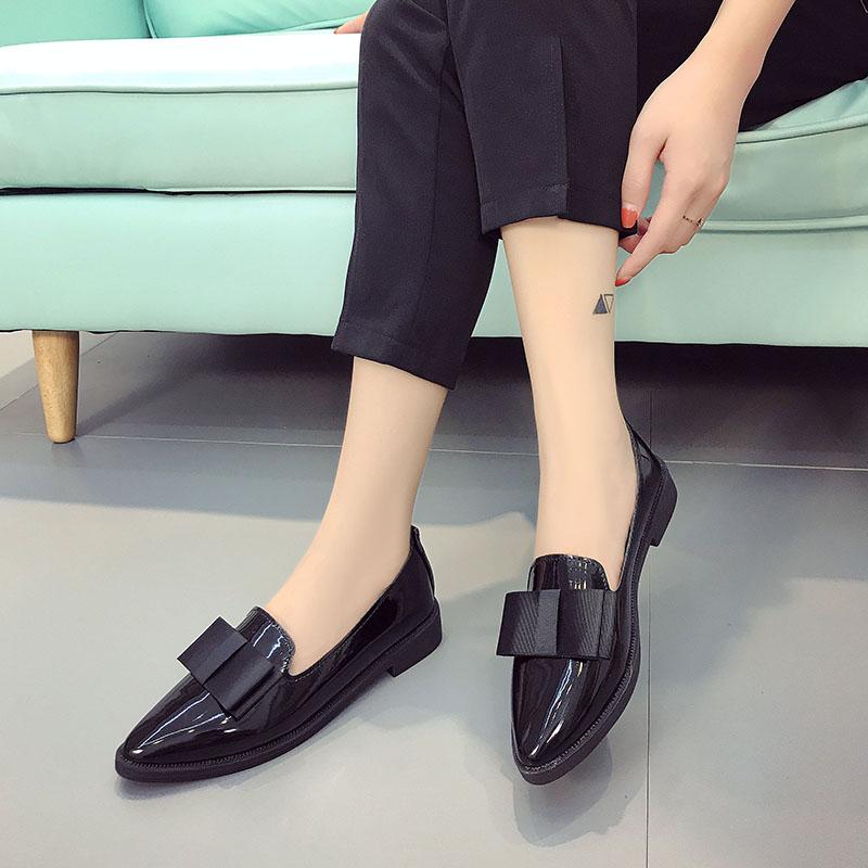 Patent Leather Pointed Toe Block Heel Low Top Fashion Bow Deep Mouth Soft Sole Anti-Slip Wear-Resistant Single