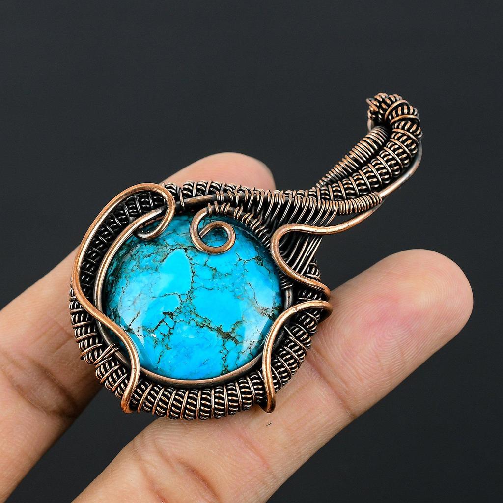 Tibetan Turquoise Pendant, 999 Copper Wire Wrapped Gemstone Jewelry, Handmade Pendant, For Thanksgiving