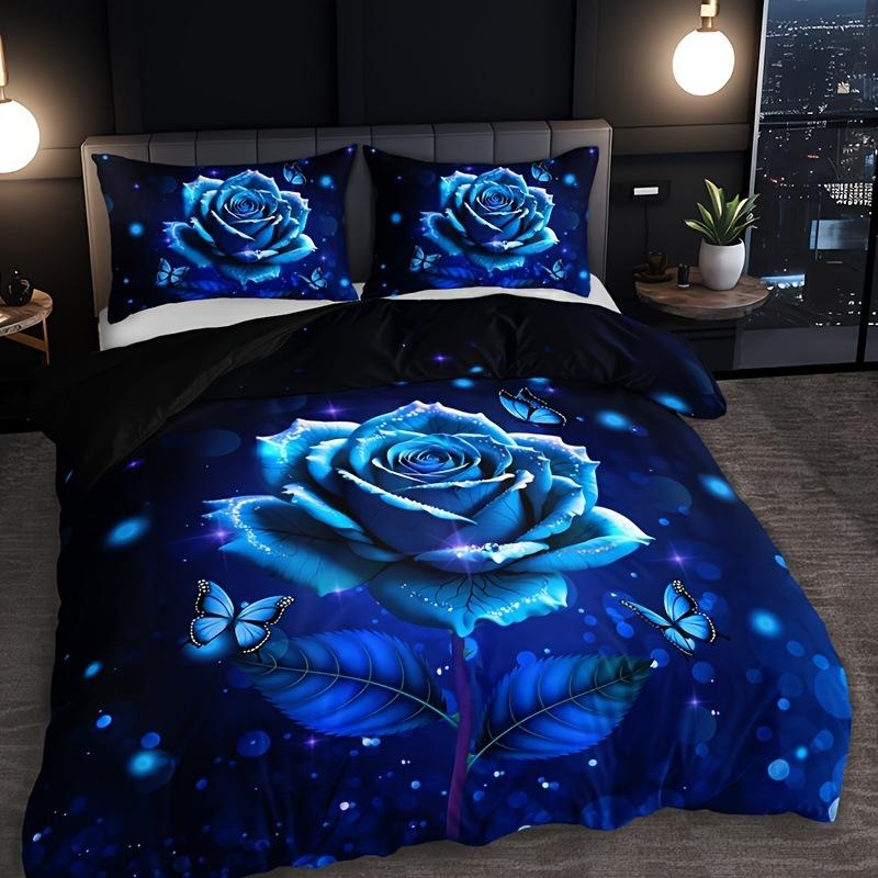 Blue Rose Digital Printed Duvet Set Three-Piece Valentine'S Day Gift Suitable For Bedroom Decoration Bedding