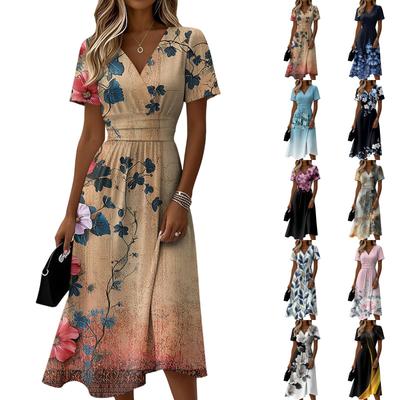 Damesjurk met bloemenprint, casual en modieus, korte mouwen en V-hals.