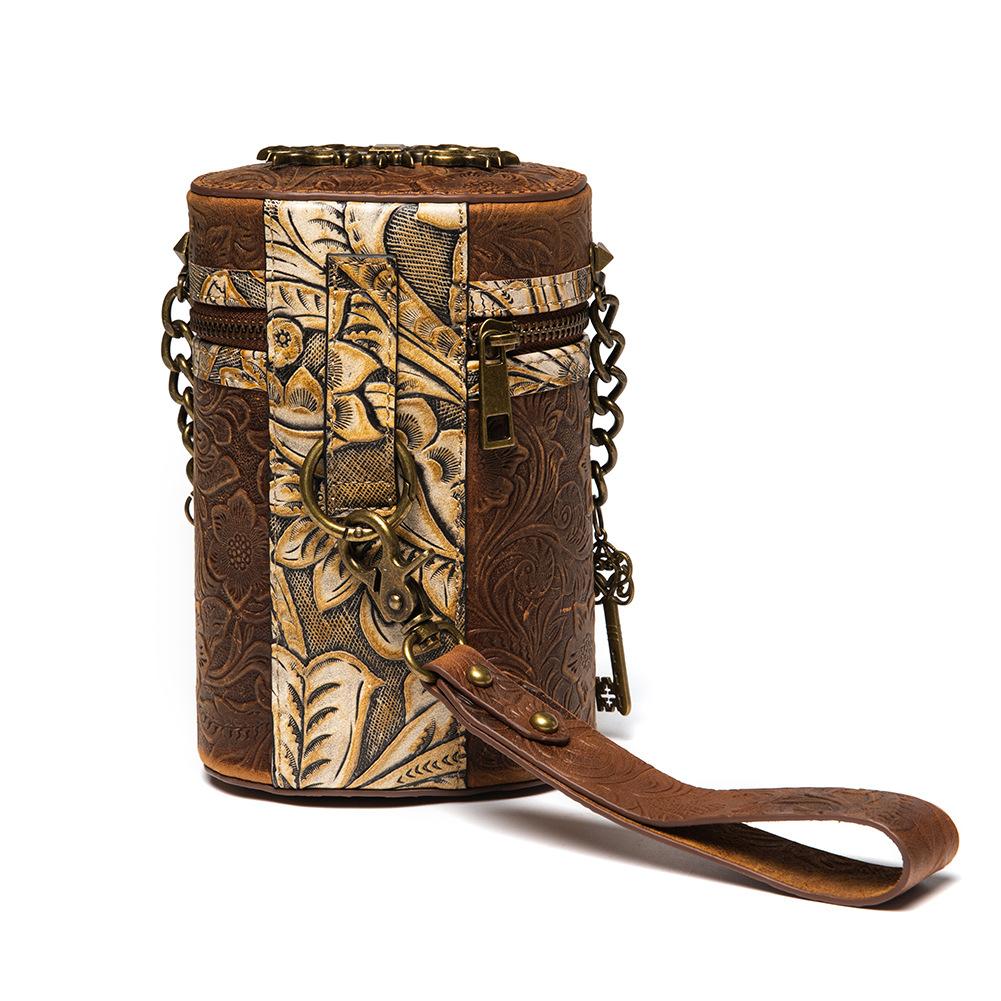 Johnature Retro Cowhide Bucket Bag Steampunk Rivet Chain Genuine Leather Women Hand Bag Fashion Small Shoulder Bags