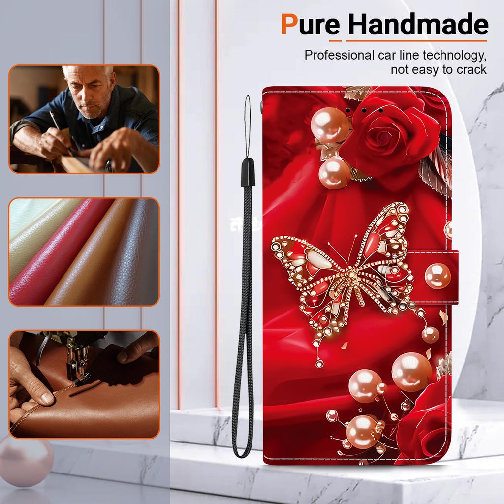 Handgefertigte PU-Leder-Flip-Hülle für Samsung Galaxy A12 5G Rutschfeste Stoßfeste Hülle mit Handschlaufe & Herz/Rose Katze Designs