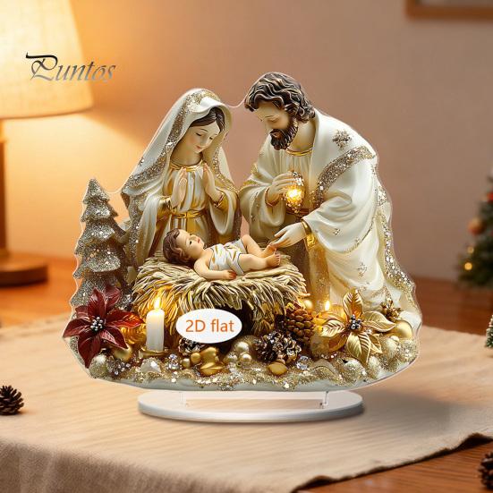 Double Sided Acrylic Ornaments Christmas Theme 2D Ornament, Double-sided Holiday Decoration, Festive Room Decor Stable Base Religious Ornament