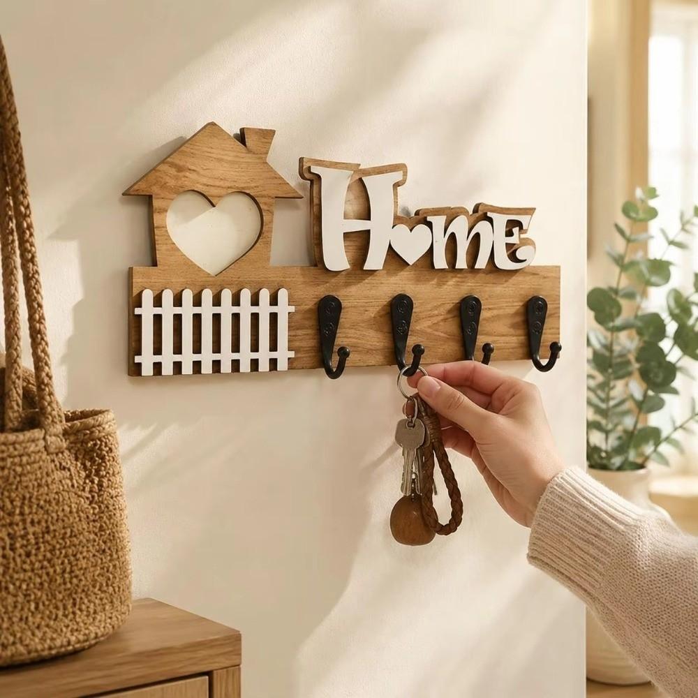 Rustic Wooden Key Hook 4 Hooks Wall Storage Rack Entryway Decoration Wall Hooks Office