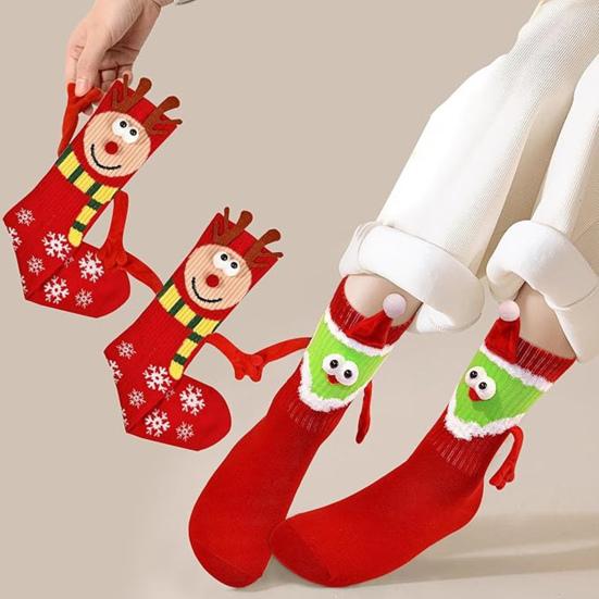 Cartoon Christmas Socks Magnetic Holding Hands Socks Cute Snowman Reindeer New Year Socks Fun Gifts for Girls Teens Birthday Holidays