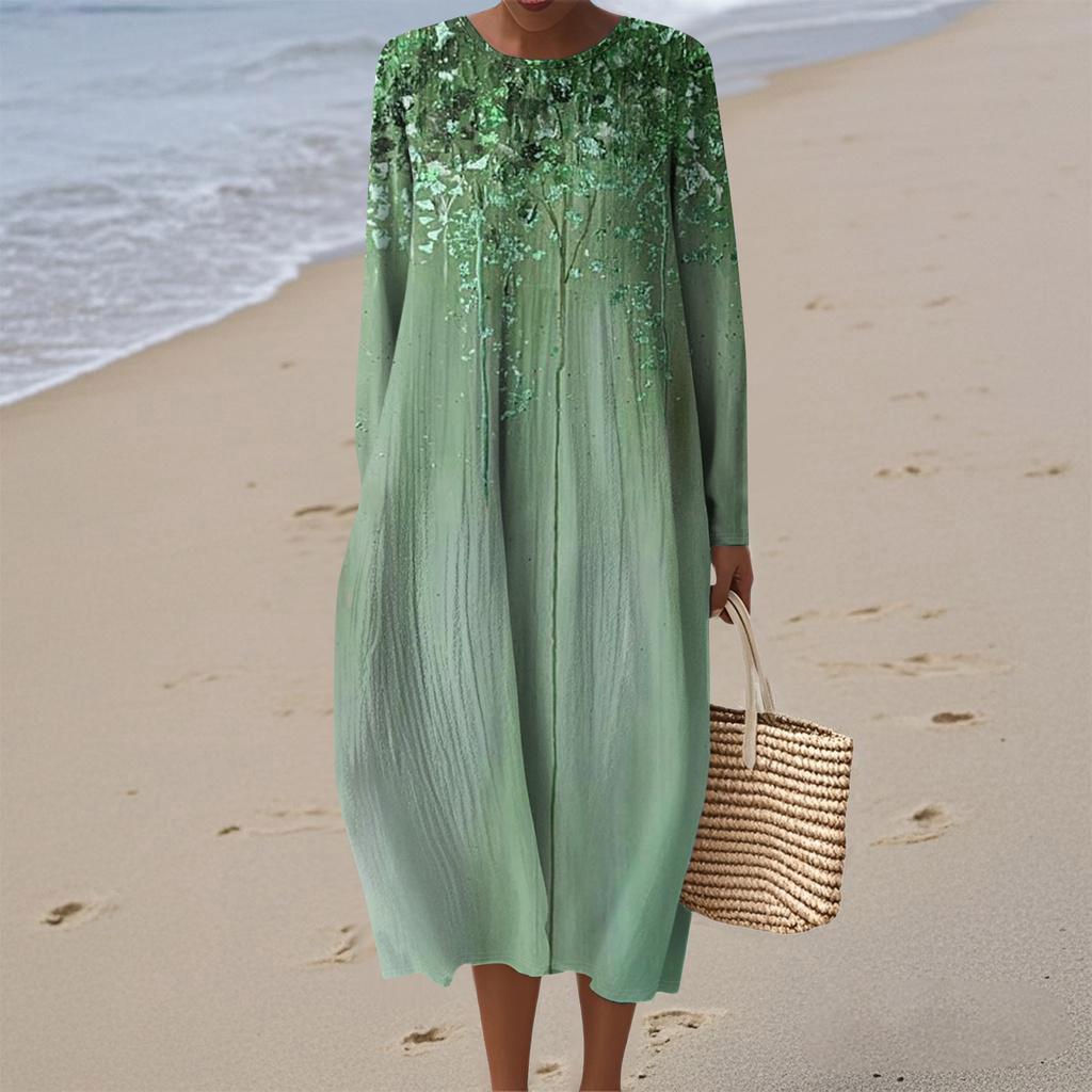 Women's Fashionable Casual Long-Sleeved Round Neck Floral Print Zipper Dress