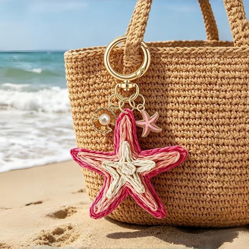 Handwoven Cherry And Starfish Pendant Women'S Beach Bag Decor Keyring Vacation Bohemian Keychain Jewelry Accessories