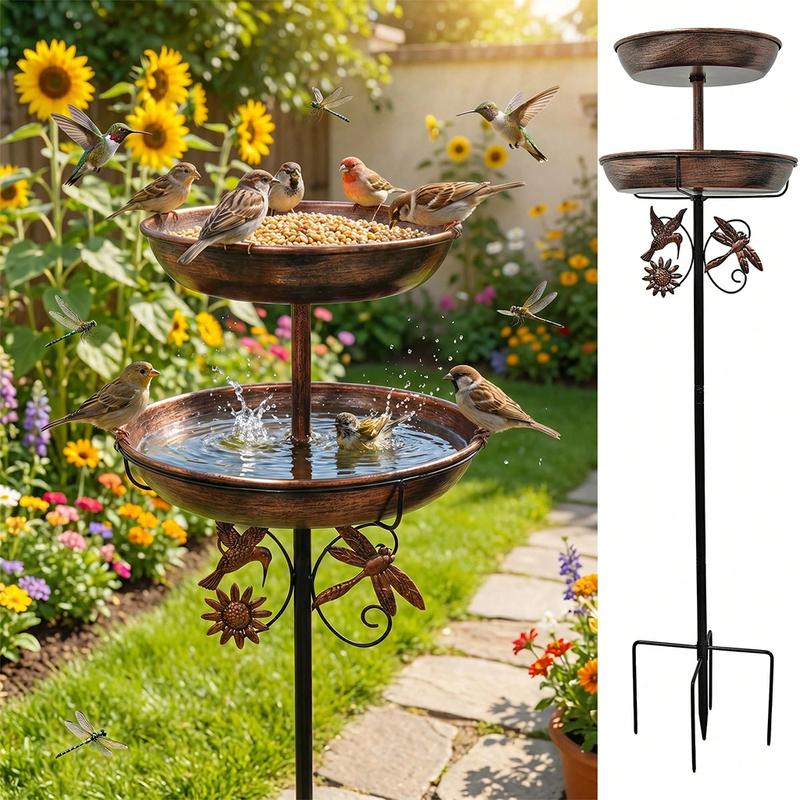 1Pc Vintage 2-Tier Iron Bird Bath & Feeder Combo – Rust-Proof 5-Claw Ground Stake, All-Weather Outdoor Garden Decor for Hummingbirds & Sparrows