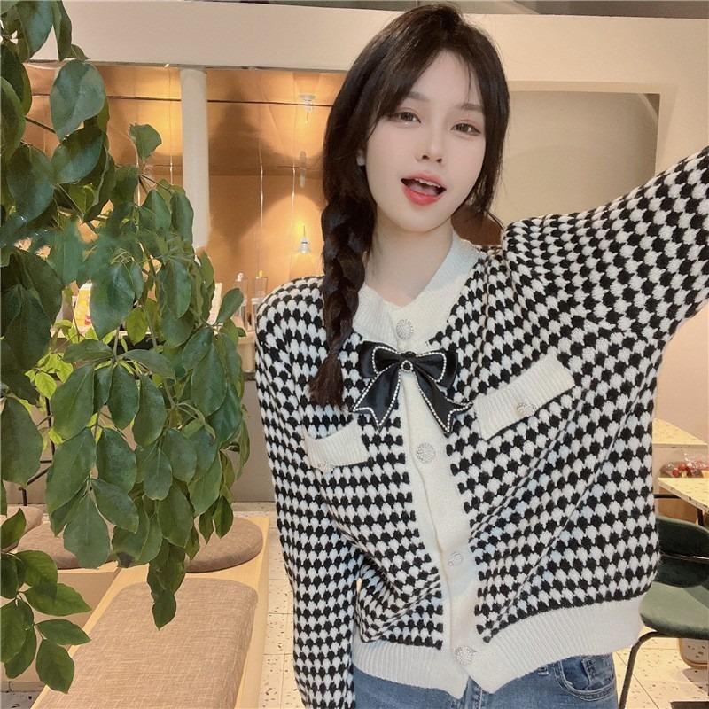 Women S Knit Cardigan Sweater Round Neck Bow Decor Casual Loose Fit Outerwear