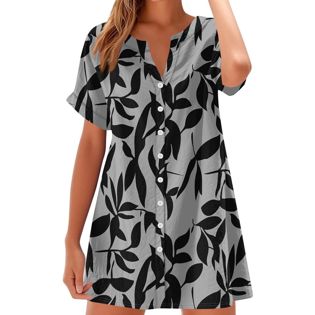 Women Fashion Casual V-neck Short Sleeve Button Retro Floral Print Dress