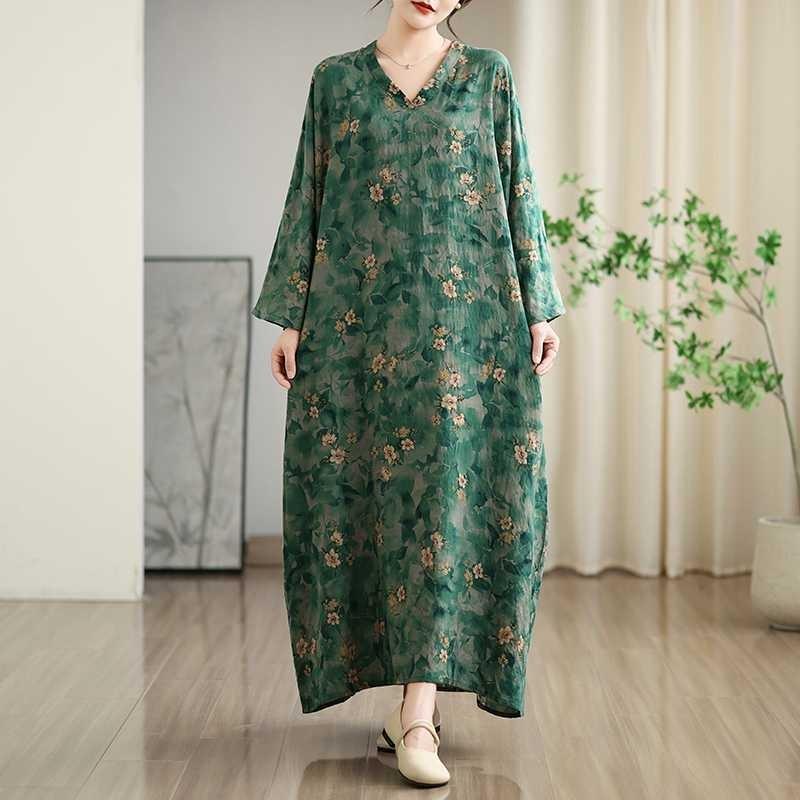 Women's Early Fall Floral Print Neck Maxi Dress Vacation-Ready Boho Chic Loose Fit Linen Blend for Comfort