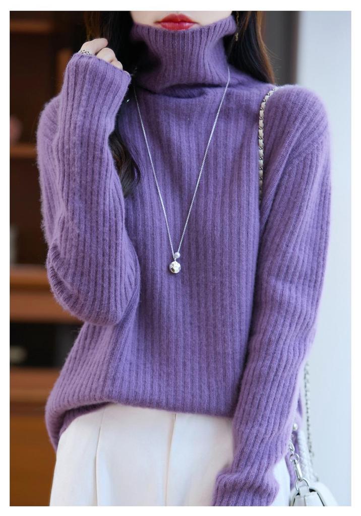 Women's Pure Wool High Neck Ribbed Sweater - Autumn/Winter Versatile Knitwear