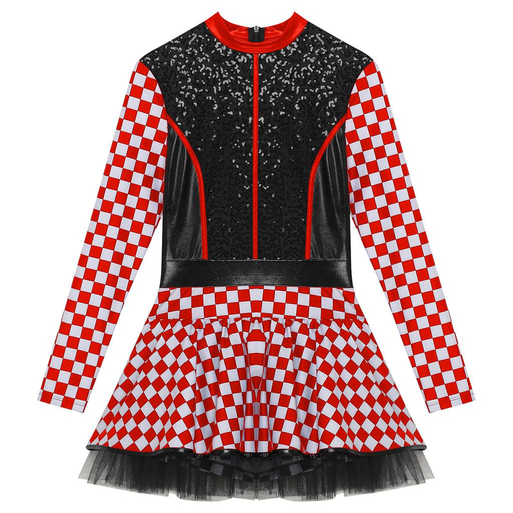 Damen Rennfahrerin Kostüm Schachbrettmuster Langarm Pailletten A-Linie Tüllrock Shorts Fahrerkleid