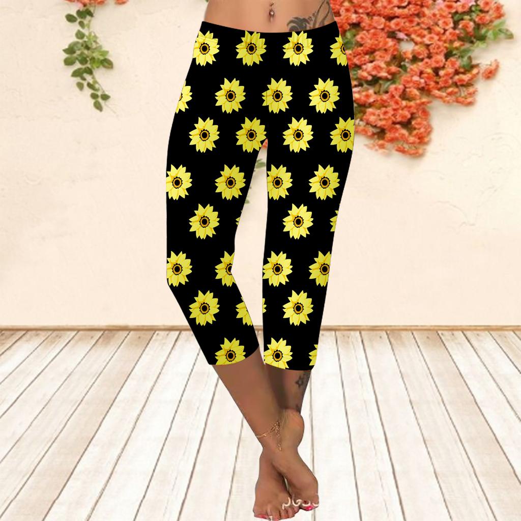 Long Pants, Summer Short Leggings, Short Tight Pants, Plus Size Leggins Women's Slim Fit 3D Daisy Printed Long Pants