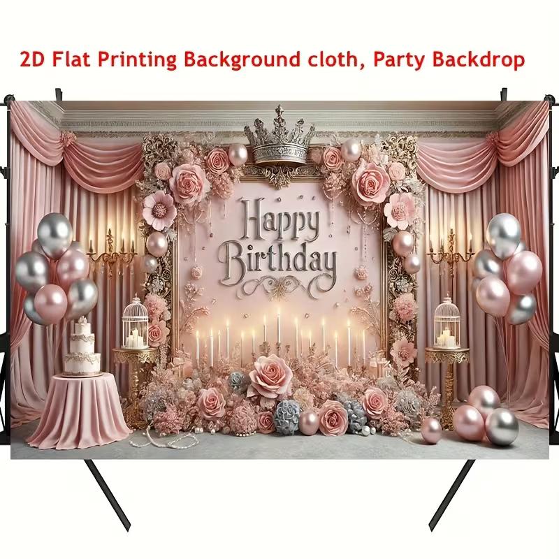 2D Luxury Pink Rose & Crown Happy Birthday Photography Background Banner