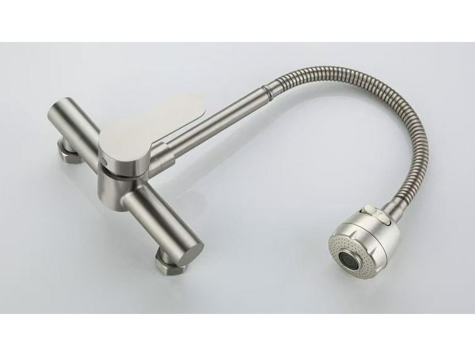 Grifo de Cocina de Acero Inoxidable 304 Montado en Pared de Doble Agujero con Salida Giratoria de Agua Caliente/Fría