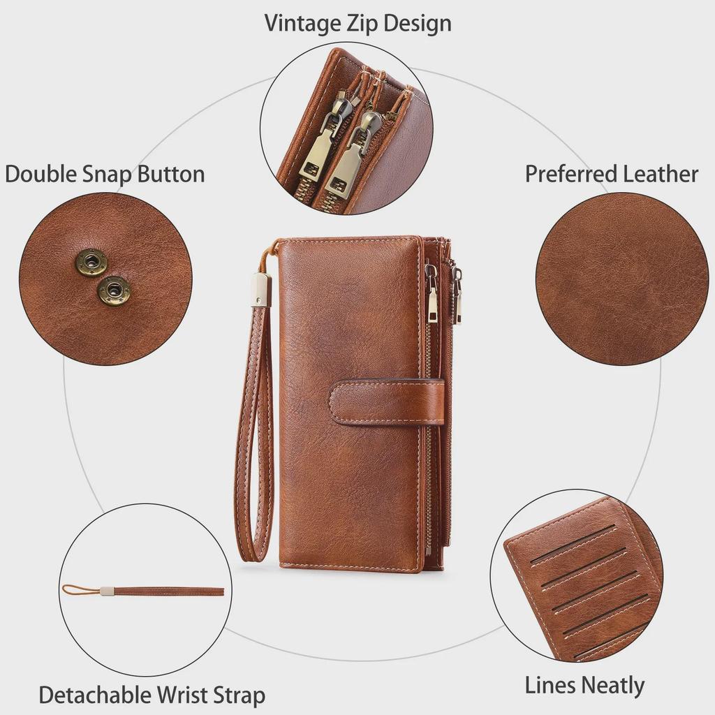 Women's RFID-Blocking Tri-Fold Retro Clutch Wallet