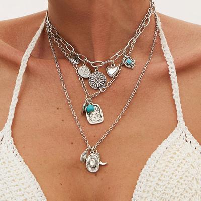 Ethnic Style Western Cowboy Hat Boots Pendant Necklace, Retro Metal Love Imitation Turquoise Necklace